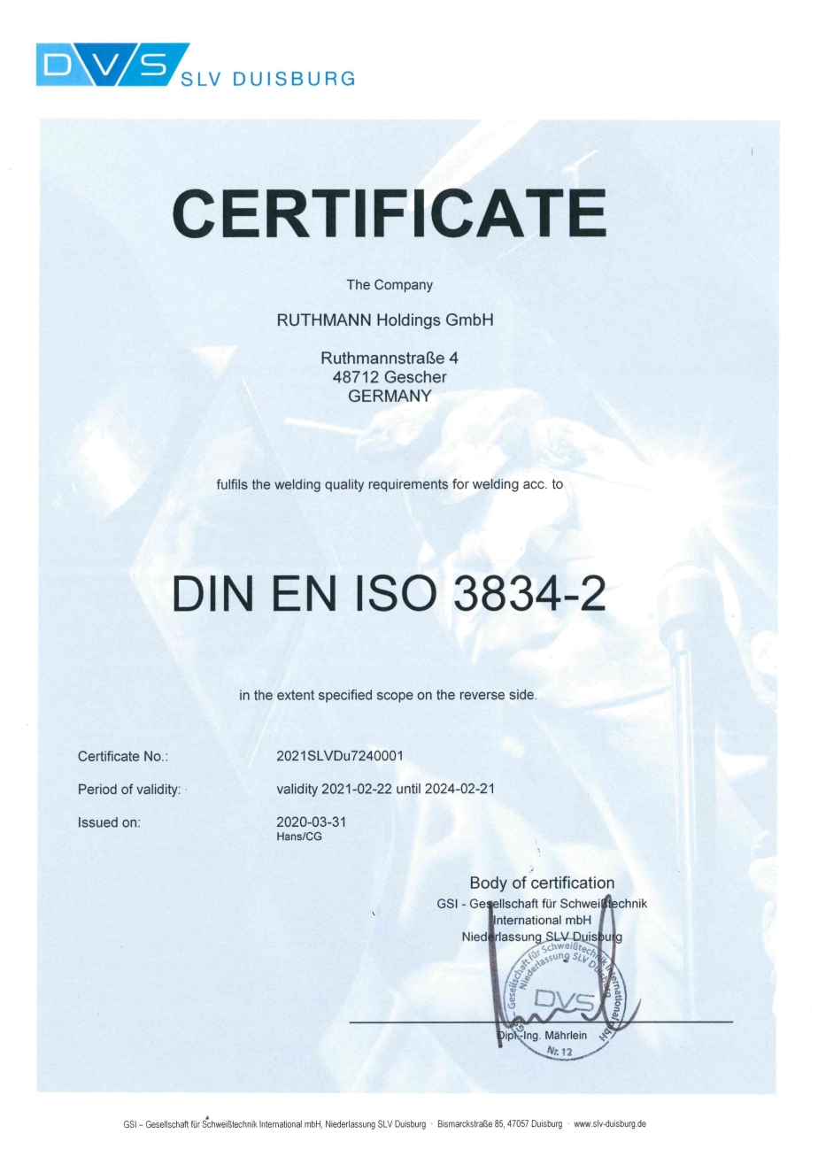 zertifizierter Schweißfachbetrieb nach EN ISO 3834-2.